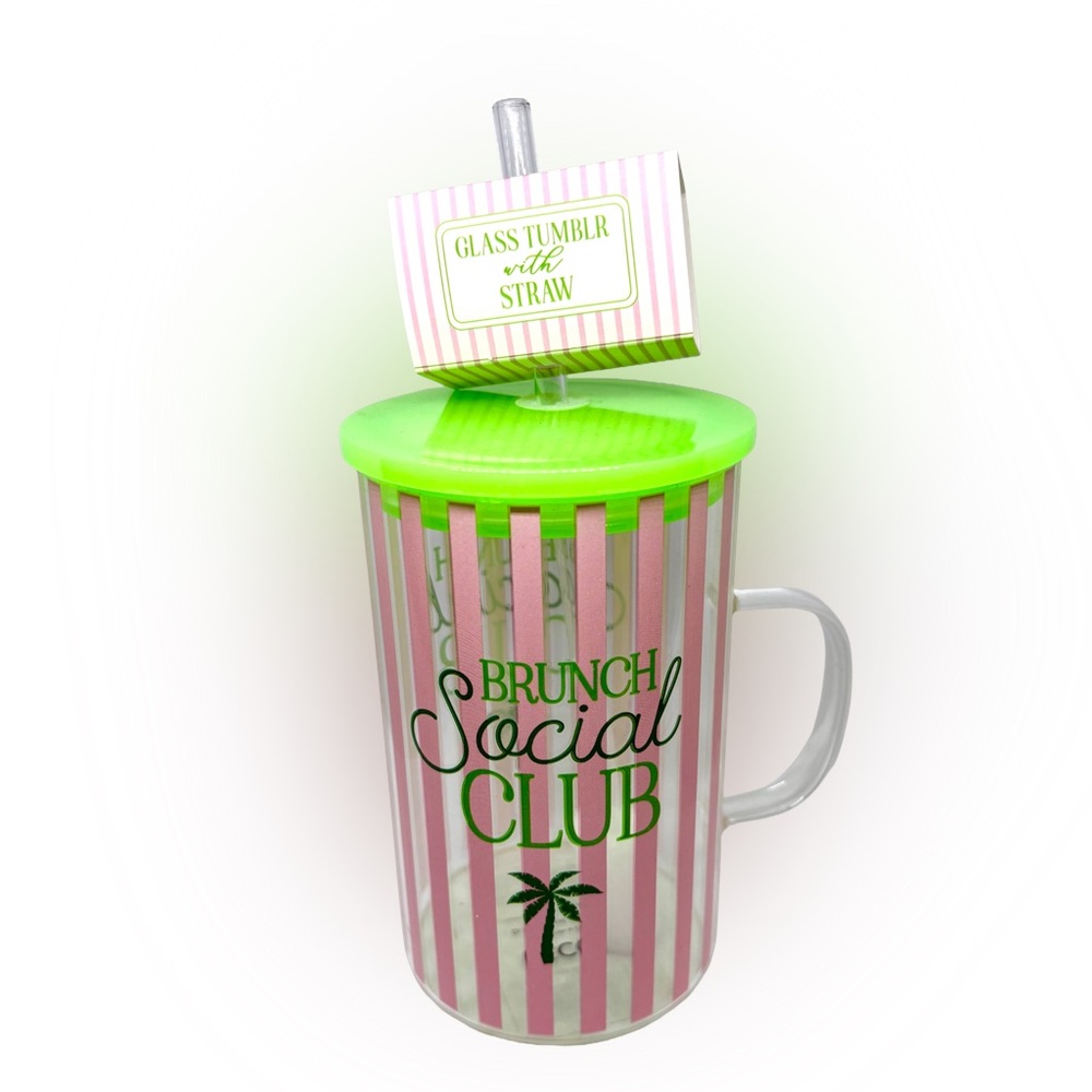 ECCOLO NWT glass tumbler and straw ‘brunch social club -pink/green